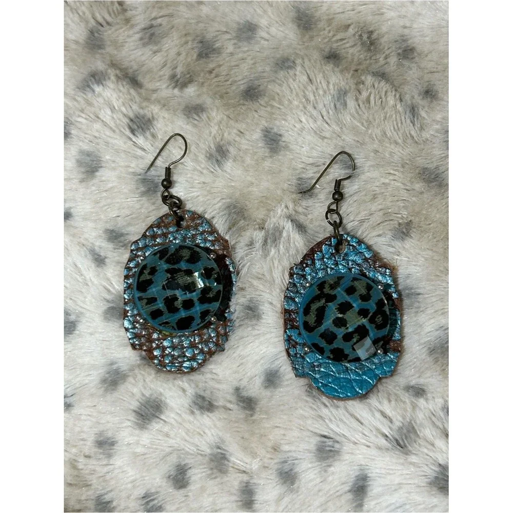 Handcrafted Leather Teal & Leopard Print Gem Drop Hook Earrings
